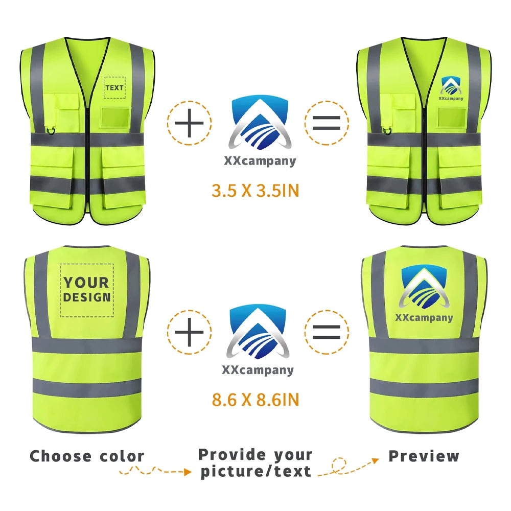 Chaleco de seguridad con logotipo personalizado para hombre y mujer, de alta visibilidad, con bolsillo y cremallera, para trabajo de construcción.