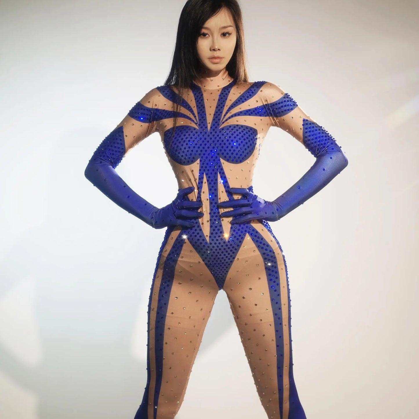 Female Sexy Stretch Long Sleeve Bodycon Bodysuit Exotic Pole Dancer Outfit Crystal Rompers Skinny Women Club Prom Party Jumpsuit