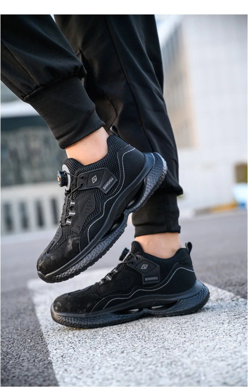Zapatos de seguridad de trabajo con botón giratorio para hombres y mujeres, zapatos con puntera de acero, botas de seguridad indestructibles, zapatillas de trabajo protectoras ligeras.