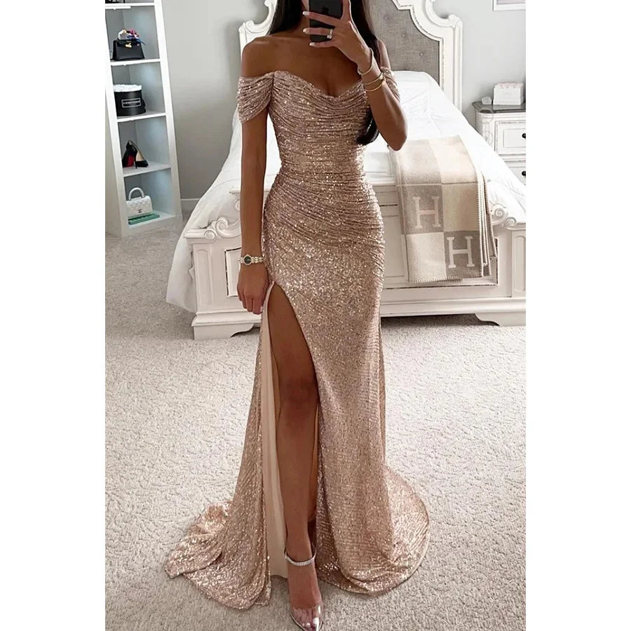 Vestido de fiesta sexy con abertura lateral y lentejuelas brillantes para mujer, de poliéster, sin bordes, ligero y a la moda.