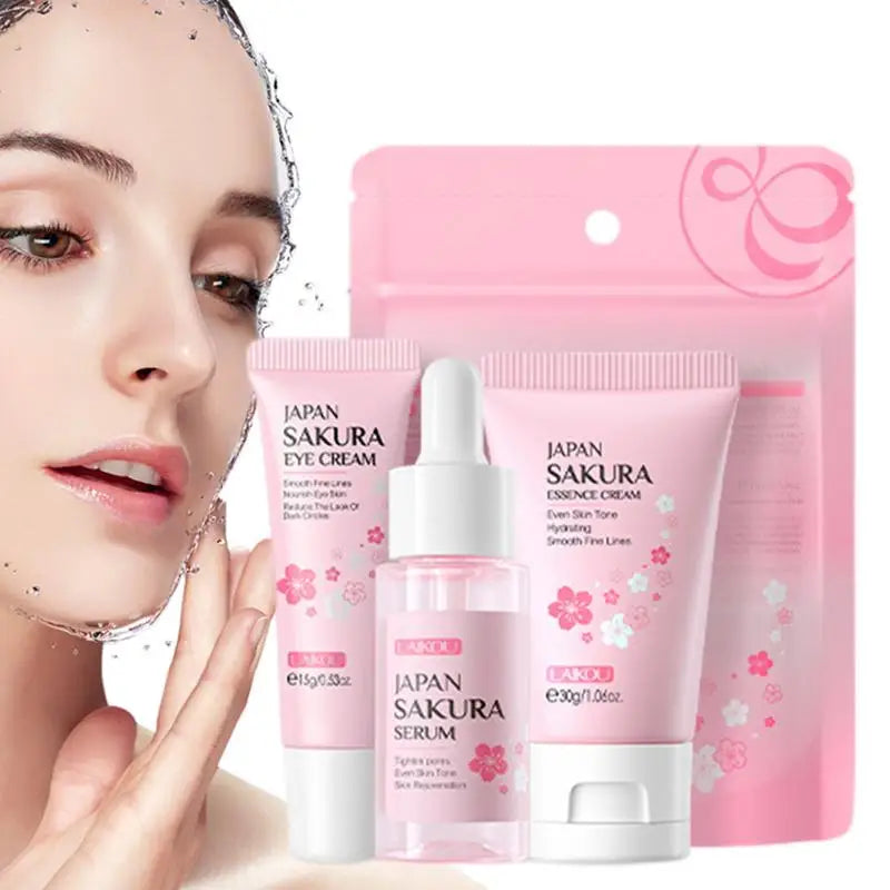 Set para el cuidado facial Limpiador Sakura Essence Cream Hidratante Blanqueador y Antiedad Tónico Crema para ojos Suero facial Cuidado de la piel de los ojos