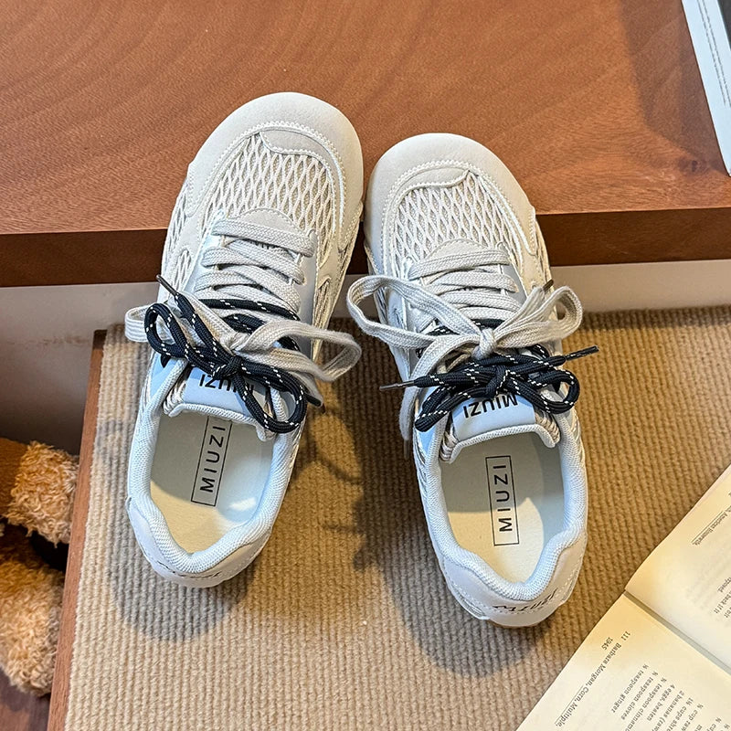 Zapatos vulcanizados para mujer, moda 2025, con cordones, colores a juego, nuevos, de malla redonda, ligeros, cómodos y casuales para caminar.