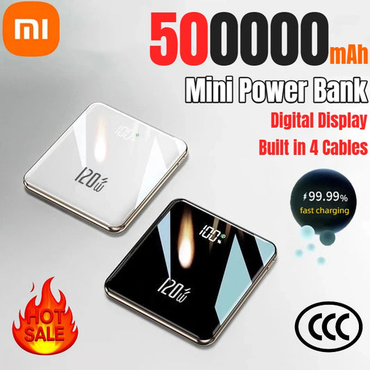 Xiaomi - Mini banco de energía de 500.000 mAh, gran capacidad, carga súper rápida, batería externa con 4 cables integrados para iPhone, Samsung y Xiaomi.