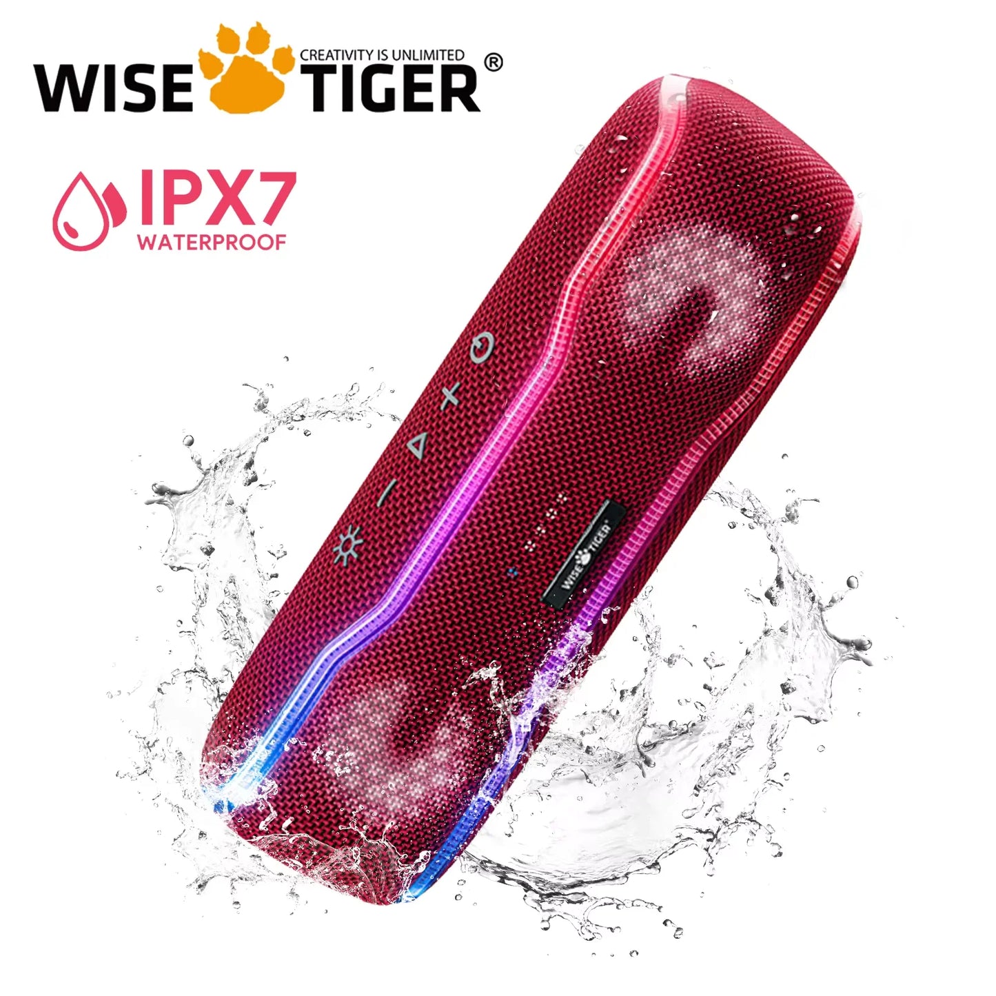 Altavoz Bluetooth inalámbrico rojo WISETIGER F10C, resistente al agua IPX7, para exteriores, con luz RGB BT5.3, estéreo y sonido envolvente.