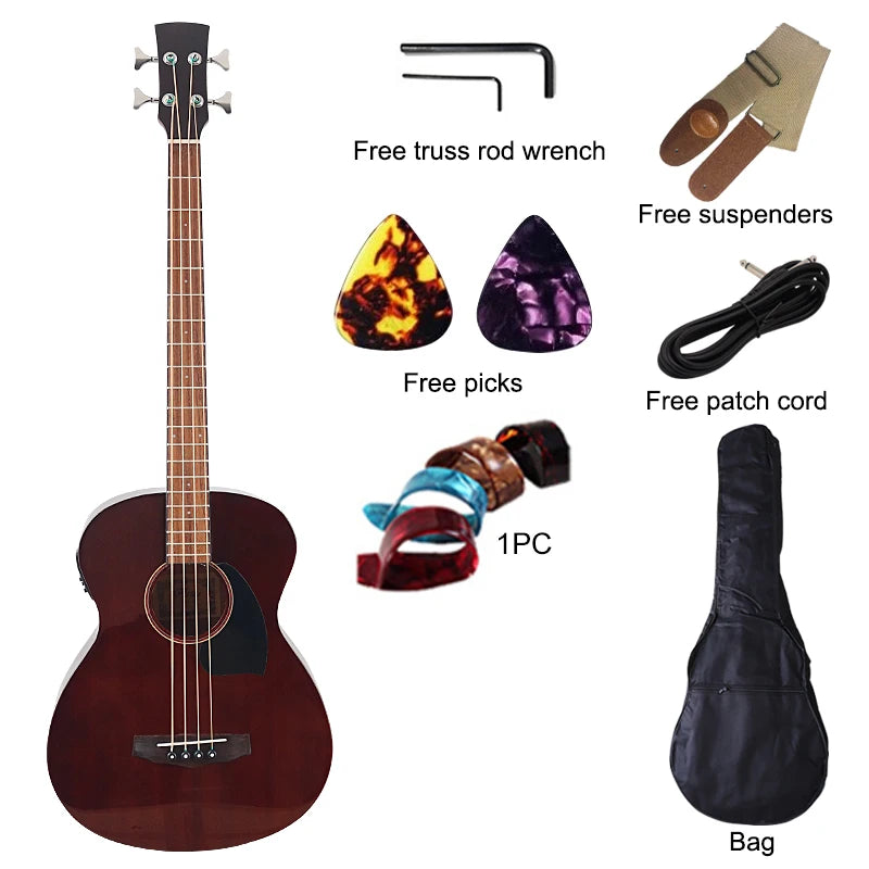 Bajo electroacústico de 43 pulgadas y 4 cuerdas, diseño de guitarra folk con cutaway, con funda y ecualizador.