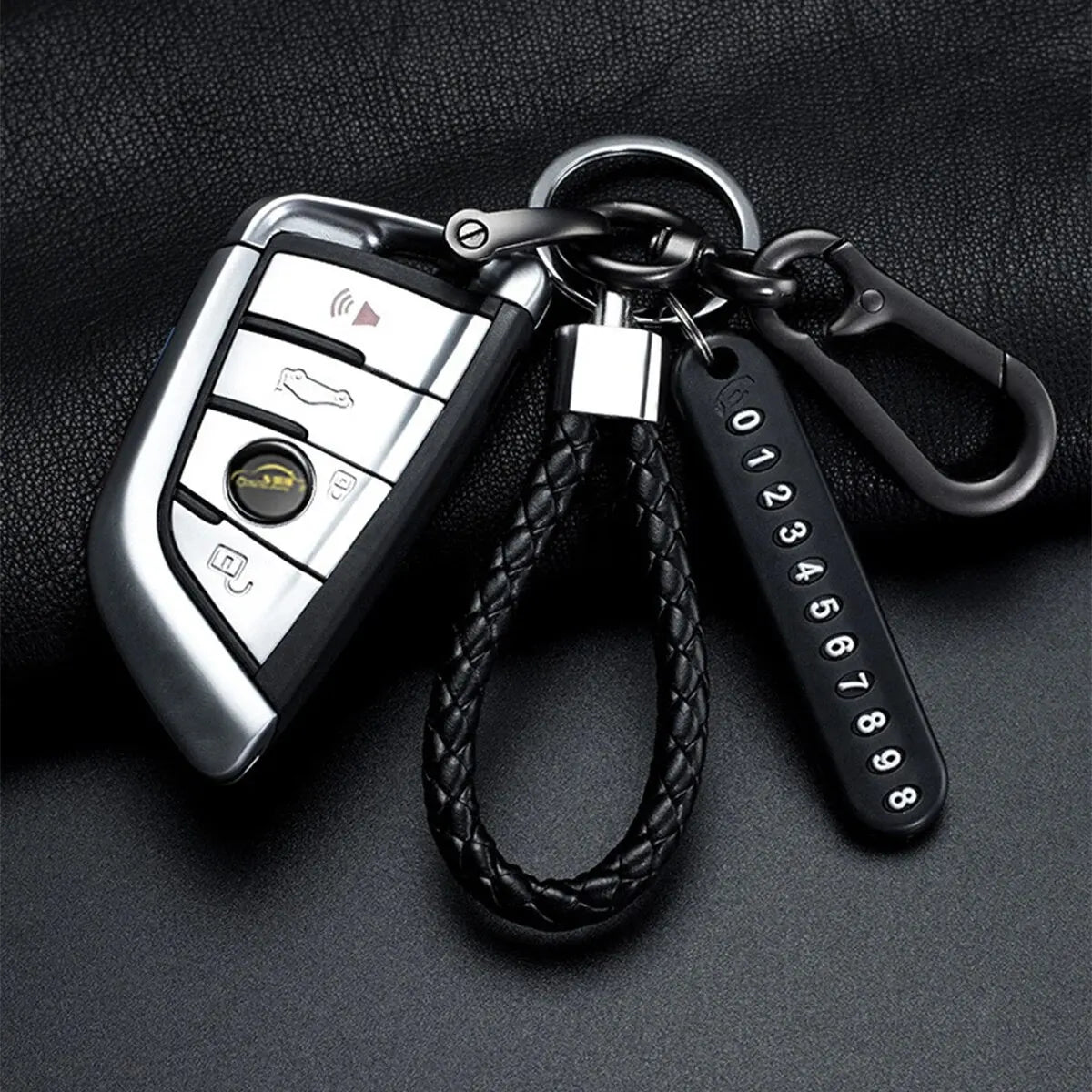 Llavero con colgante de placa de número de teléfono móvil DIY para hombre, estilo punk, cuerda de cuero tejida simple, antipérdida, accesorio para llavero de coche.