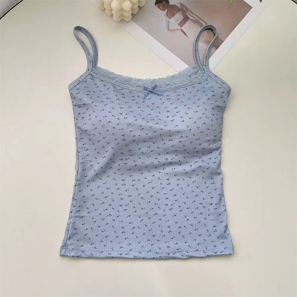 Camisola elegante con estampado floral de encaje 2024 Y2K, chaleco sexy ajustado, tops florales, talla única, camisetas sin mangas florales, primavera