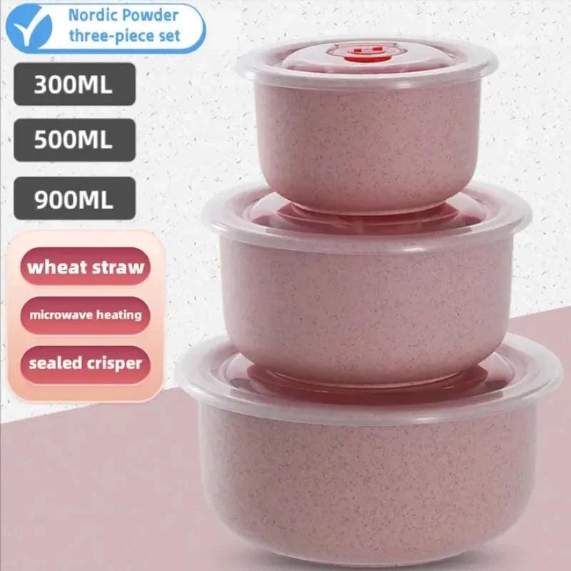 Juego de 3 loncheras redondas de trigo con tapa, aptas para microondas, recipientes sellados, caja de almacenamiento para utensilios de cocina.
