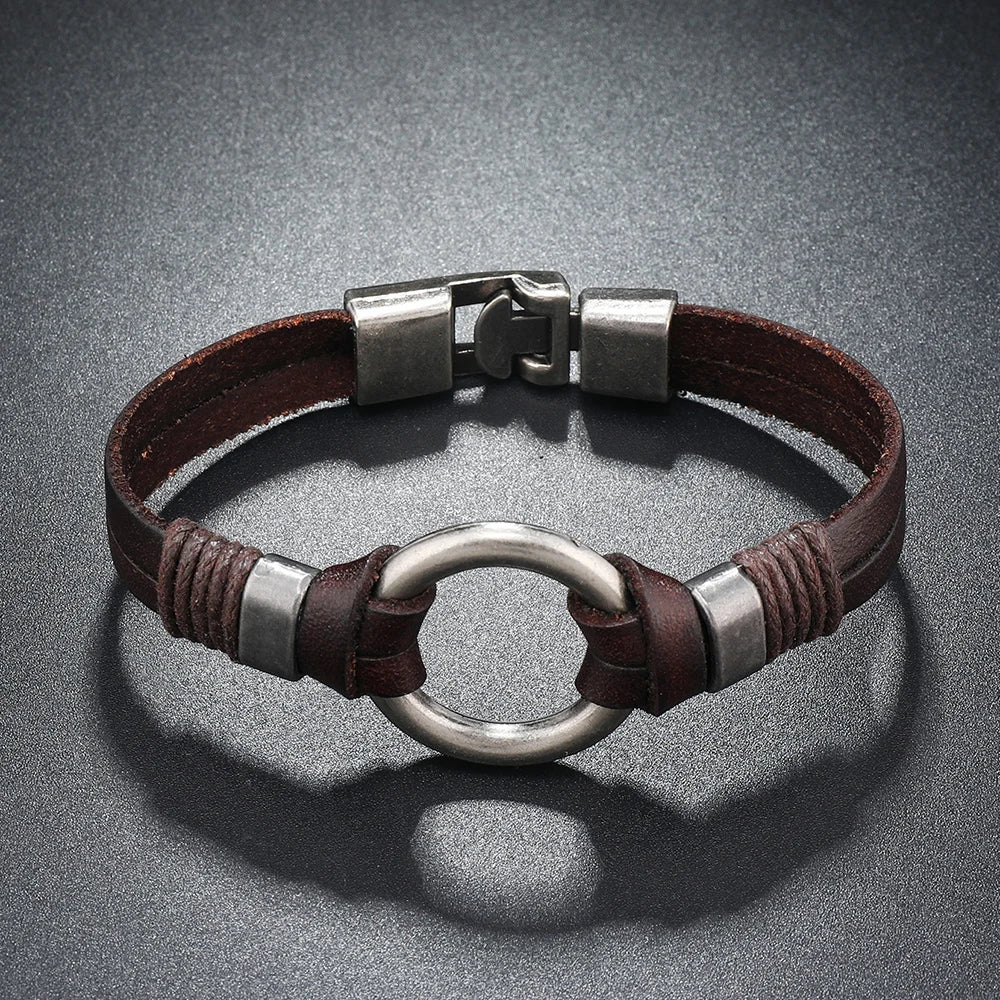 Pulsera de cuero genuino hecha a mano para hombres y mujeres, pulsera sencilla