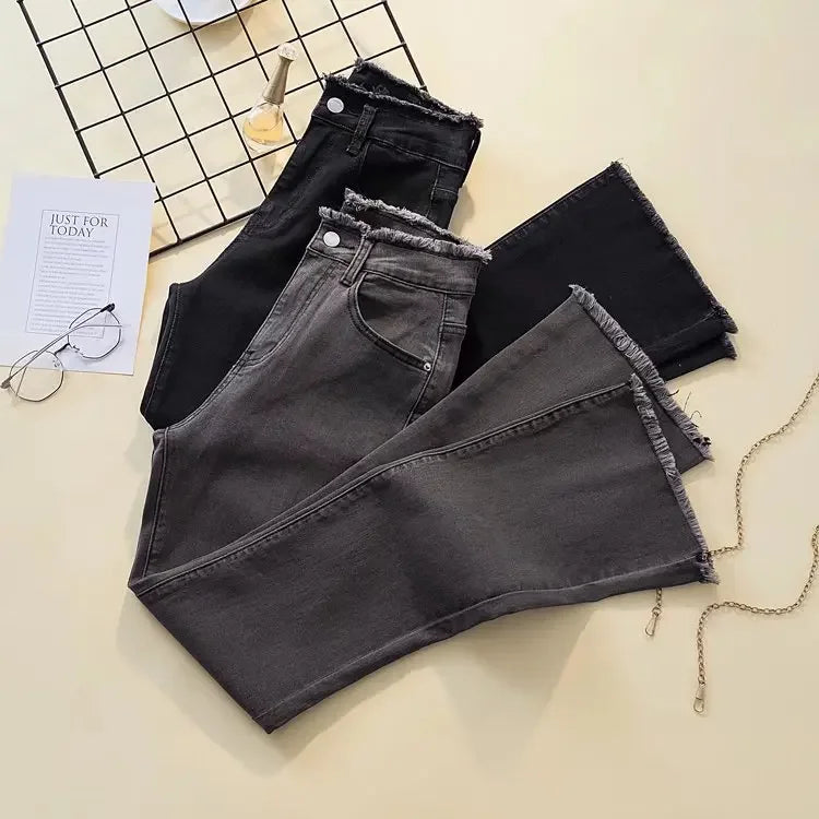 Pantalones vaqueros negros de cintura alta, elásticos y adelgazantes para mujer, con microcampana, pierna recta, corte holgado, pierna ancha, con flecos y parte inferior a la moda.