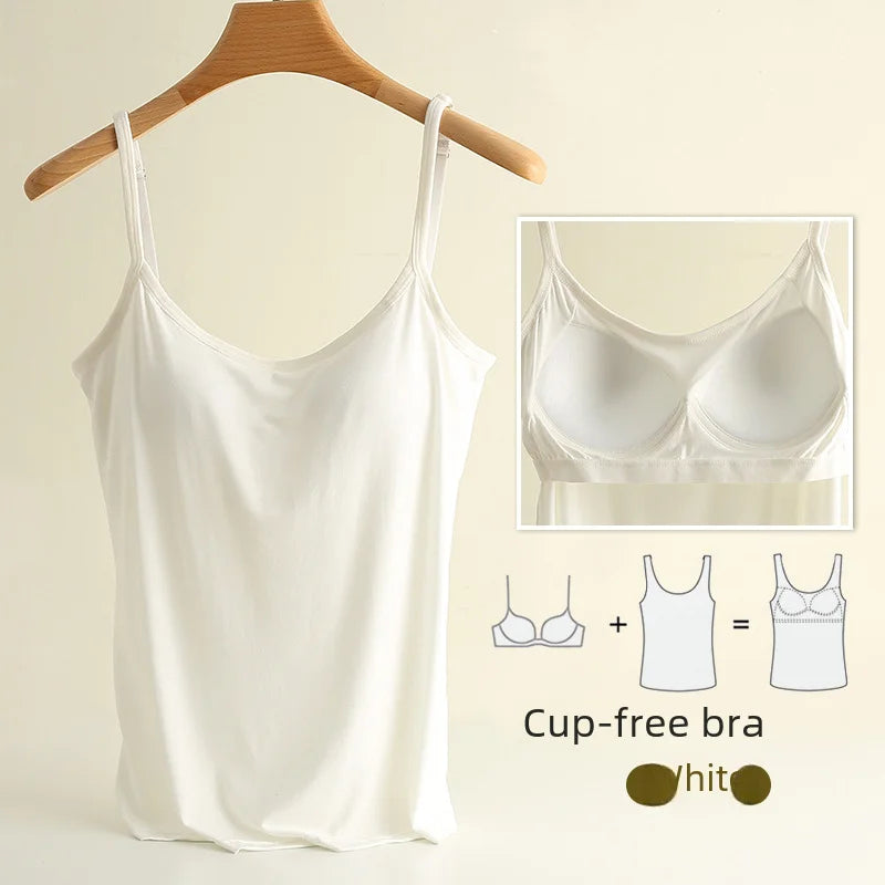 Chaleco de modal para mujer con almohadilla para el pecho, correa de ajuste fino, sujetador de una pieza, camiseta base, transpirable, cómoda, espalda, belleza, almohadilla de algodón