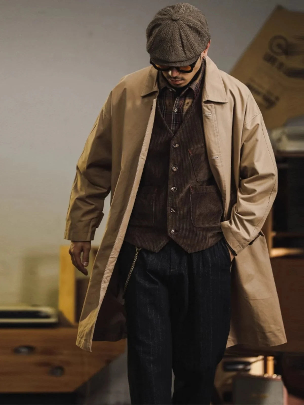 Retro American Sle Men's Long Coat Cotton Casual Faion Urban Youth Pure Color Button up Loose Fit Autumn Winter Coat