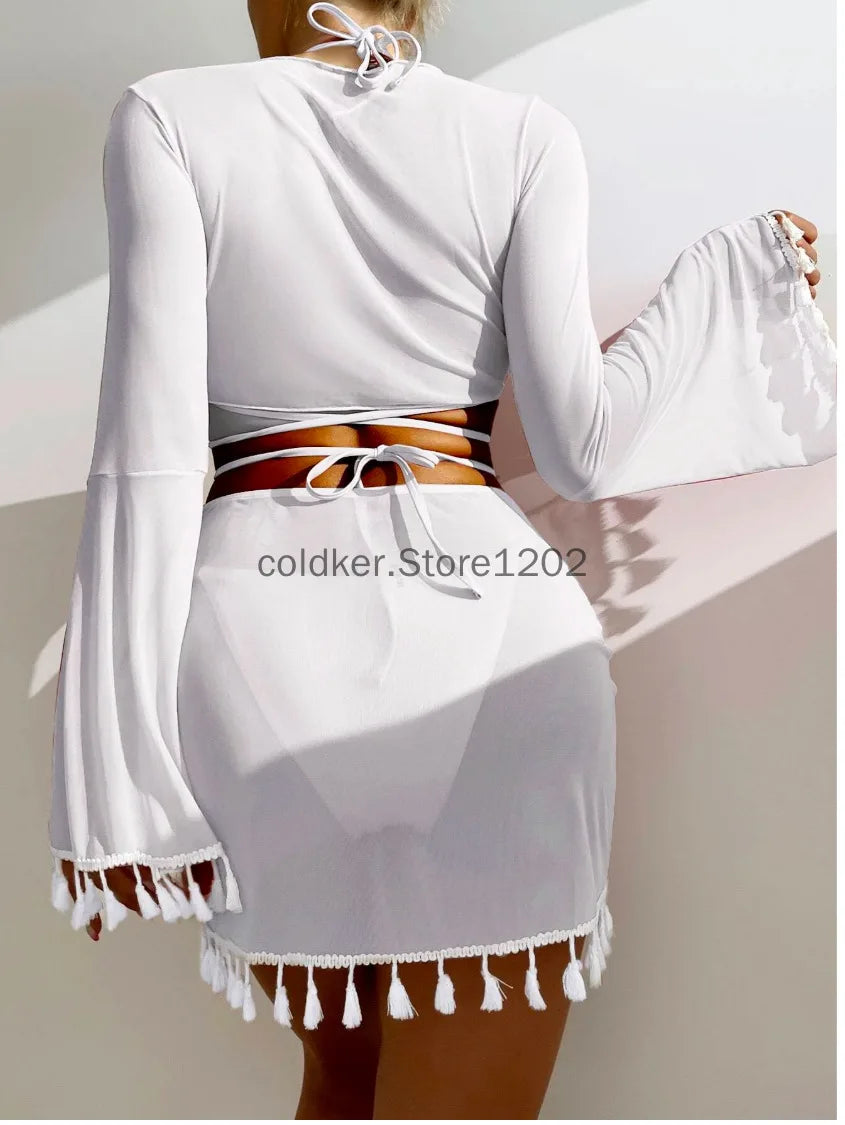 4 Piece Swimming Suit Women Beach Wear Solid Tassel Cover Up Mesh Mini Skirt Bikinis Set Cute Swimming Pool Outfit Summer