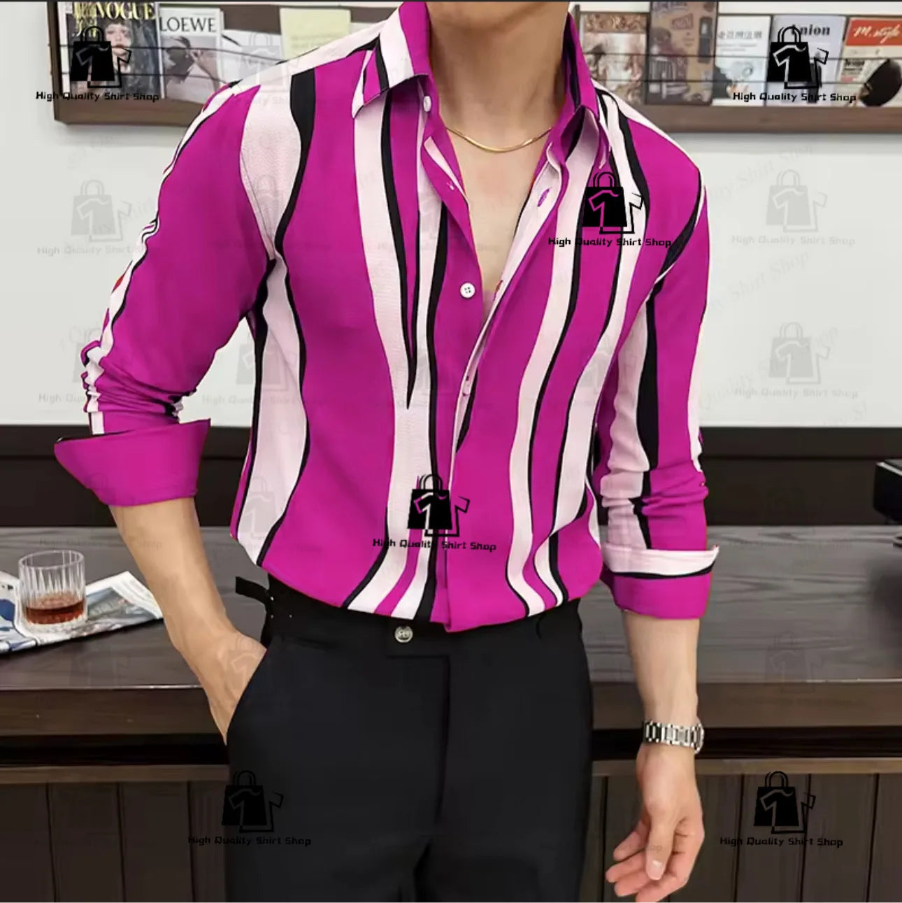 Camisa de rayas para hombre, estilo moderno, manga larga, corte holgado, informal, versátil, para uso diario y urbano.