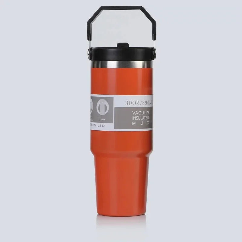 Vaso portátil de acero inoxidable de 30 oz con aislamiento para coche, con pajita y doble pajita para bebidas frías, ideal para usar en el vehículo.