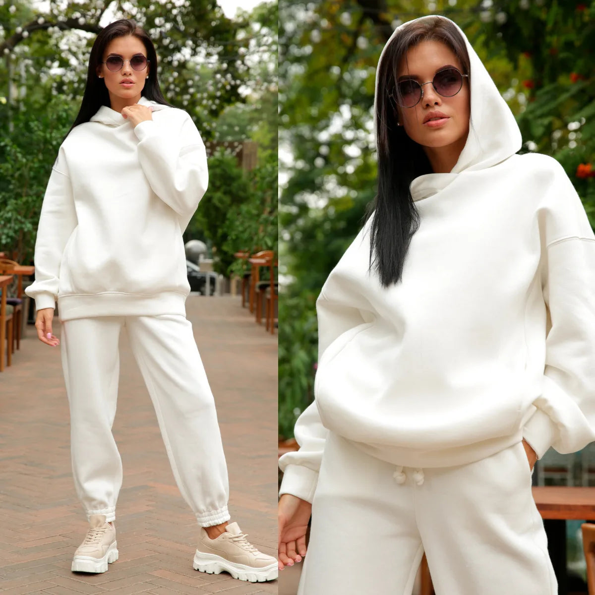 Conjuntos de dos piezas de forro polar para mujer, elegantes, de color sólido, con capucha extragrande y pantalones largos, chándal deportivo para otoño e invierno 2023.