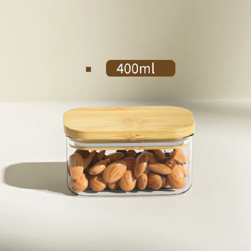Tarro de plástico cuadrado sellado de 1100 ml para alimentos, con tapa de bambú, para cereales de cocina, transparente, para té y utensilios de cocina.