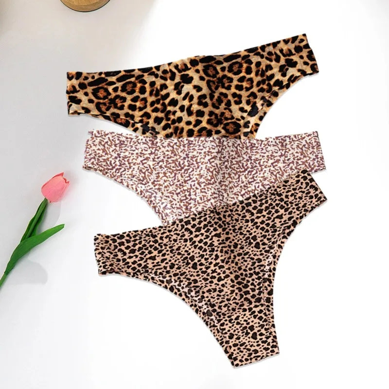 WarmSteps - Conjunto de 3 tangas sexys de leopardo para mujer, ropa interior femenina sin costuras, bragas estampadas de seda helada, 2024