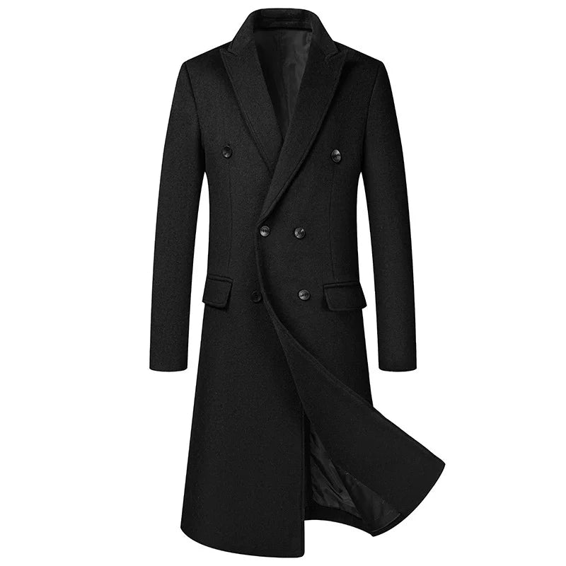 Autumn Winter Men's Long Wool Blends Coats England Style Solid Color Double Breasted Woolen Outerwear Men Smart Casual Trench