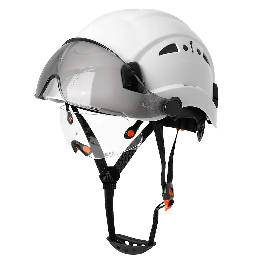 Casco de seguridad con patrón de fibra de carbono y gafas de doble visera para ingenieros, casco de seguridad CE ANSI ABS, gorra de trabajo industrial, rescate