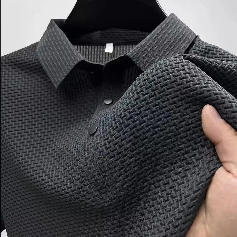 Camiseta de manga corta de seda de hielo para hombre, nueva camiseta de verano con cuello redondo y estampado de gofre, de alta elasticidad, sin costuras, informal, de negocios.