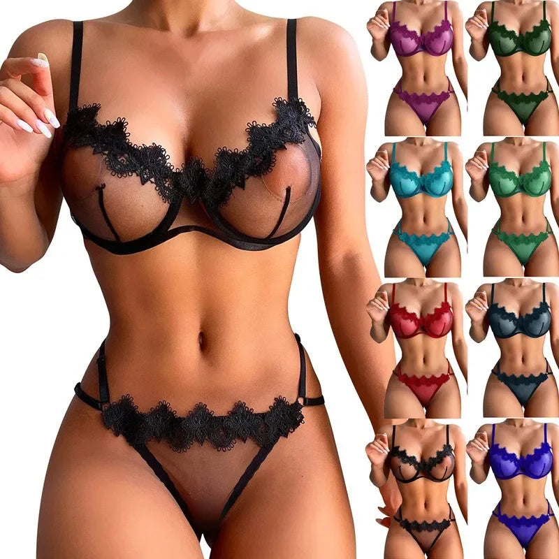 Conjunto de lencería sexy Tornova, color sólido, encaje transparente, conjunto de dos piezas, encaje de malla con parches, ropa interior femenina atractiva.