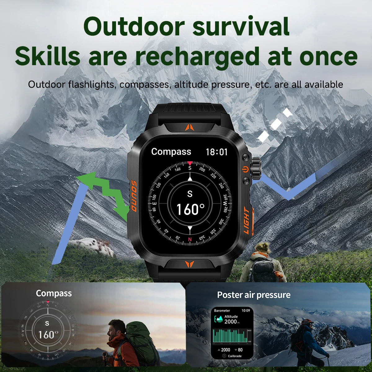 Reloj inteligente 2024 con pantalla 2.01, linterna para exteriores, brújula, IP68, resistente al agua, llamadas inalámbricas, batería de 600 mAh, modo deportivo de 100+
