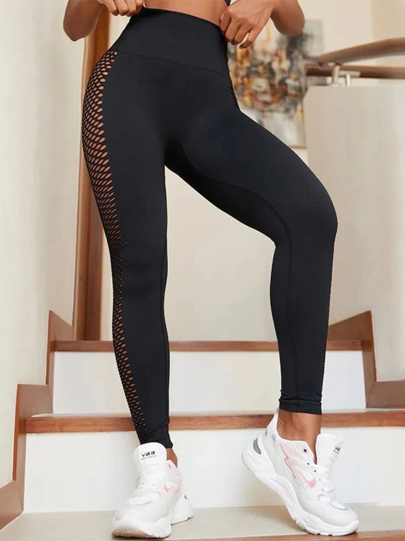 Pantalones de yoga deportivos para mujer, con diseño hueco lateral, efecto moldeador, realce de glúteos, largos y de color liso.