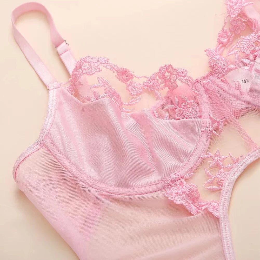 Conjunto de lencería sexy para mujer, ropa interior de encaje transparente, bikini con espalda en T, tanga, leotardo de corte alto, ropa de dormir erótica unicolor