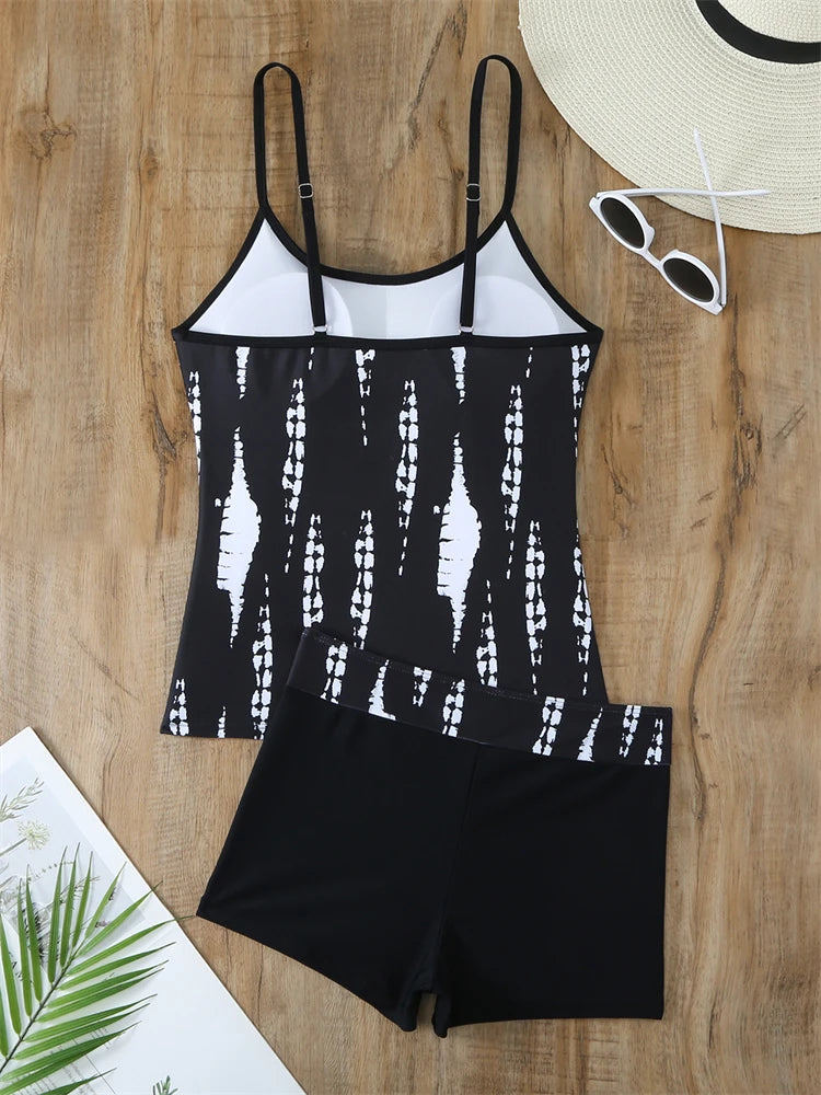 Traje de baño de dos piezas para mujer 2025, nuevo traje de baño liso con estampado de tirantes, tankini de verano, pantalones cortos tipo bóxer de cintura alta, traje de baño de playa para mujer
