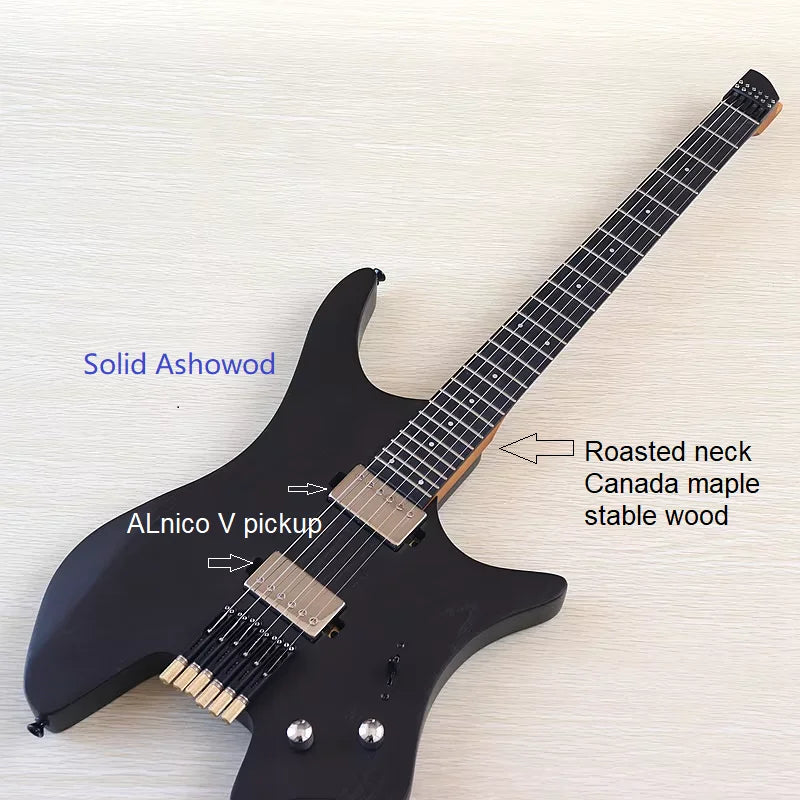 Mini guitarra eléctrica de 6 cuerdas sin pala, 30 pulgadas, cuerpo de madera maciza de paulownia, mástil de arce.