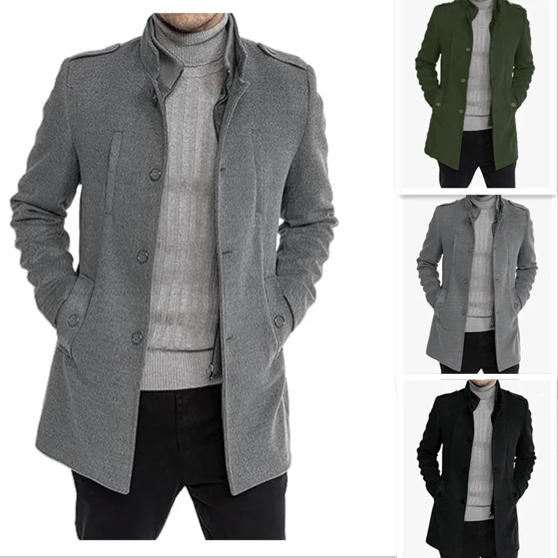 Nueva moda masculina: elegante cortavientos de otoño/invierno, abrigo de lana con doble cuello, chaquetas de lana para hombre de mediana edad, estilo ejecutivo.
