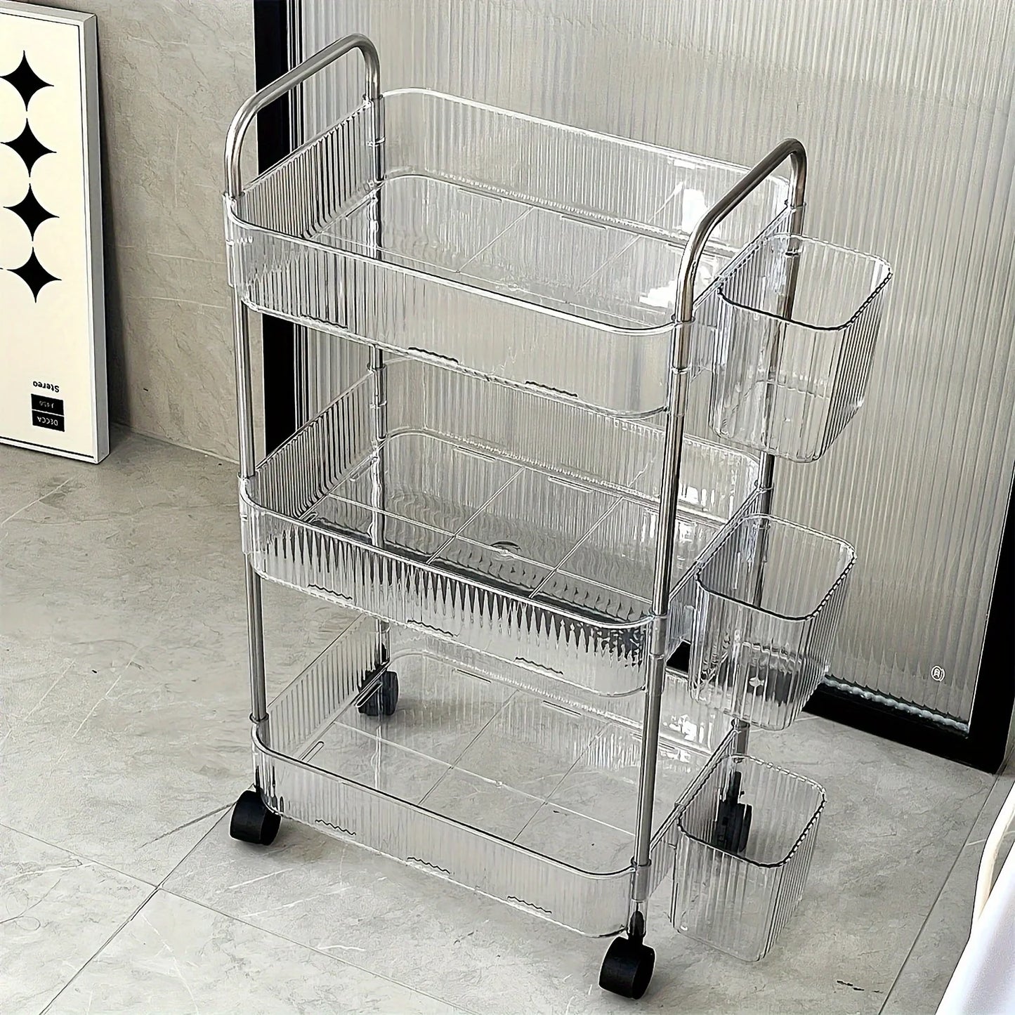 Carrito de almacenamiento transparente de 3 niveles con ruedas: organizador rodante multifuncional para el hogar y la oficina, ideal para el dormitorio y la sala de estar.