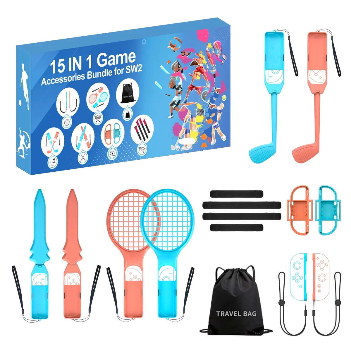 Set de accesorios deportivos S225 para Switch 2, kit de accesorios 15 en 1 para Switch 2: raquetas de tenis, empuñaduras de espada, etc.