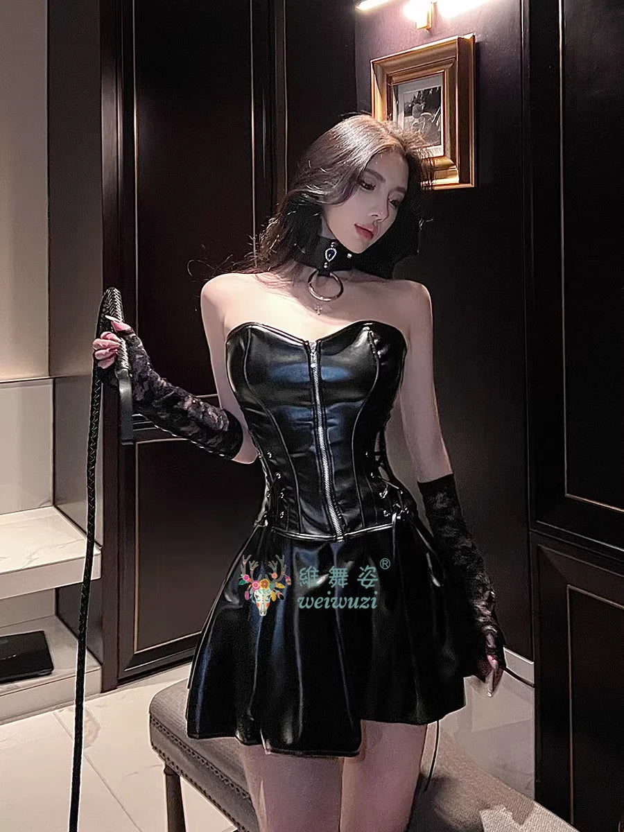 PU Leather Top and Skirt Set Vestido Strapless Top Shiny Hot Dress Tight Package Hip Queen Uniform Sexy Clubwear Cat Girl Set
