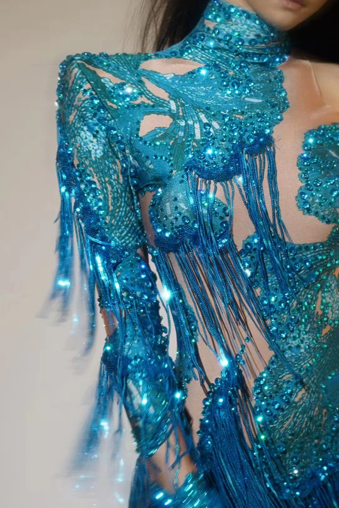 Sexy Skinny Leotard Singer Dancer Show StageWear Sparkly Blue Rhinestones Women DanceCostume Fringes One Shoulder Bodysuit 7G