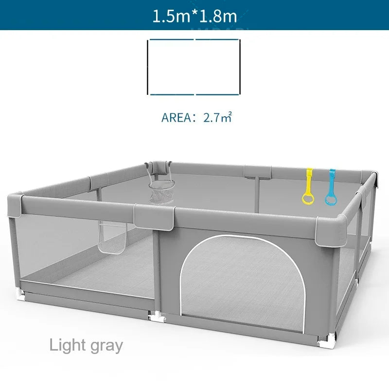 Corralito para bebés IMBABY gris claro con anilla de tiro, barrera de seguridad para niños, cerca y caja de pelota para juegos.