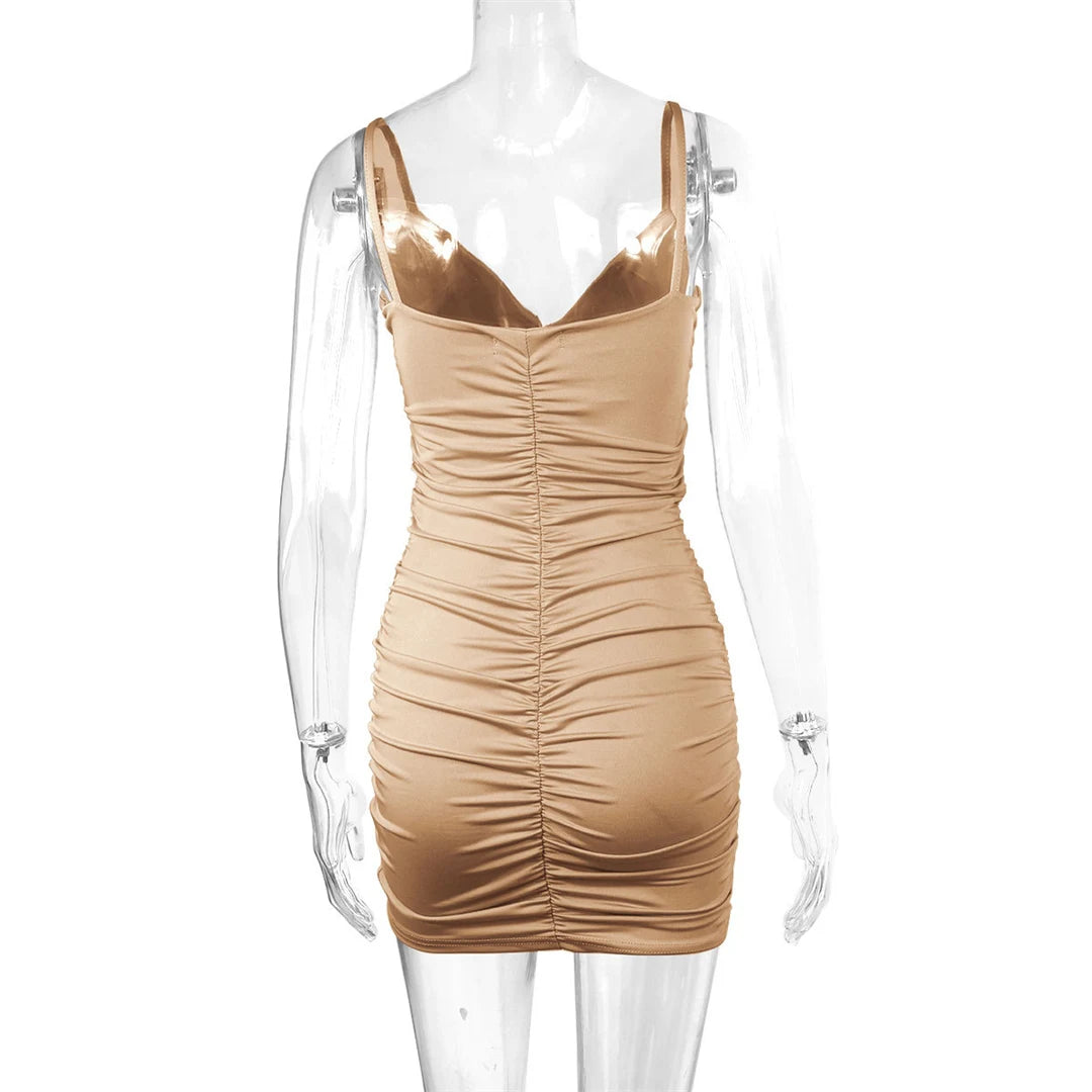 7 Color Sexy Wrinkled Pleated V Neck Sling Dress Short Club Ladies 2025 Summer Bodycon Dress Evening Party Tight Mini Dress D007