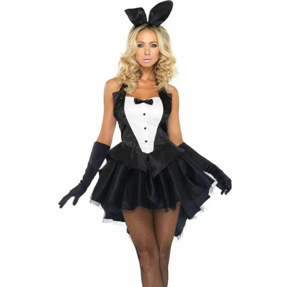 3Pcs Women Bunny Tuxedo Dress Gloves Headband Set Rabbit Ear Headband Backless Halter Dress Magician Halloween Cosplay Costume