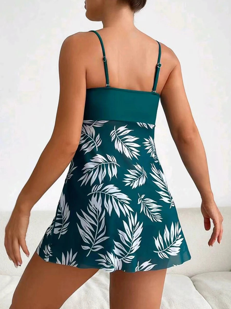 2025 Vestido corto tankini con pantalones cortos traje de baño para mujer traje de baño femenino acolchado estampado traje de baño natación ropa de playa verano
