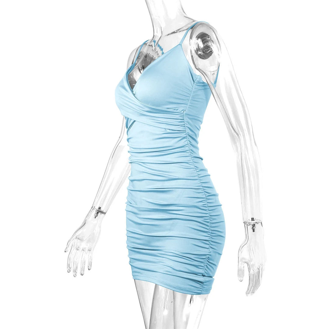 7 Color Sexy Wrinkled Pleated V Neck Sling Dress Short Club Ladies 2025 Summer Bodycon Dress Evening Party Tight Mini Dress D007