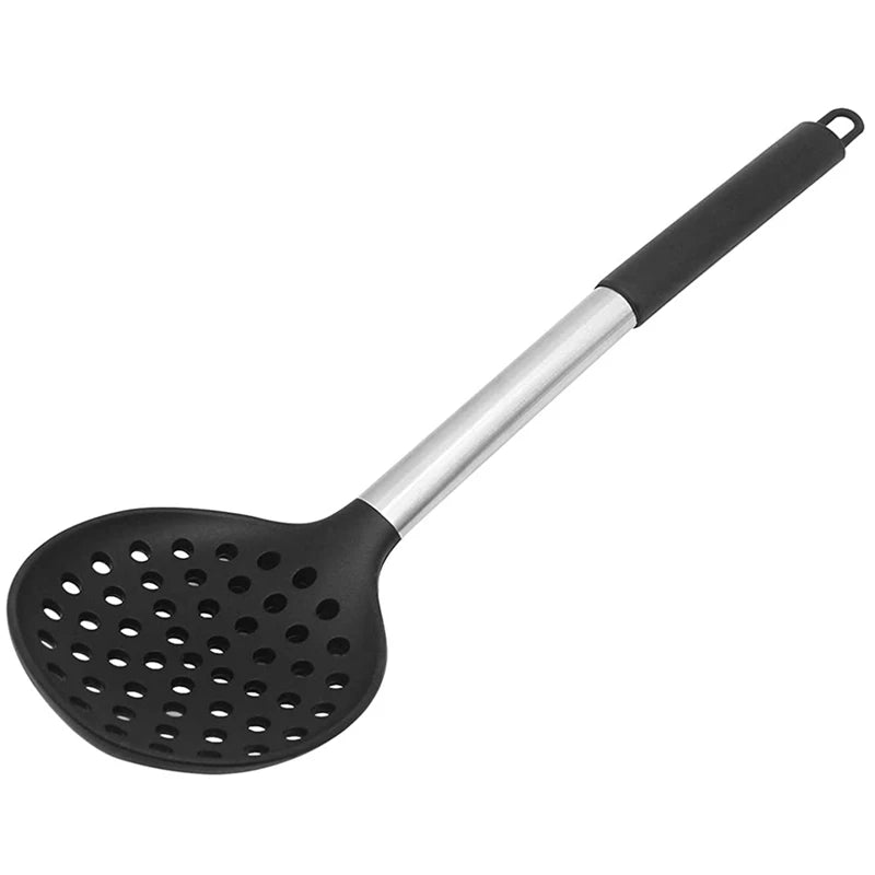 Cuchara ranurada de silicona, libre de BPA y resistente al calor hasta 268 °C, mango de acero inoxidable, espumadera de cocina antiadherente sin costuras.