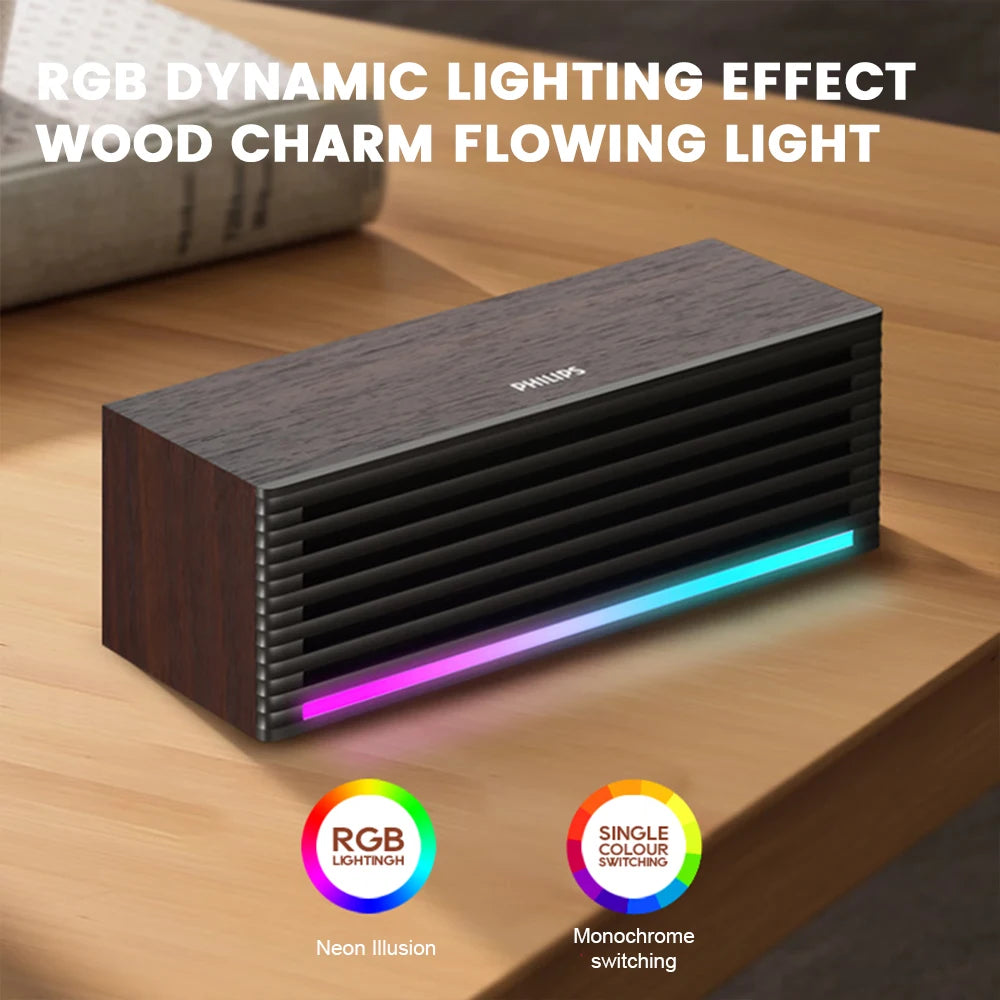 Barra de sonido de escritorio PHILIPS 3709, con un diseño de carcasa de madera simple, es moderna y compacta, y cuenta con tiras de luz RGB.