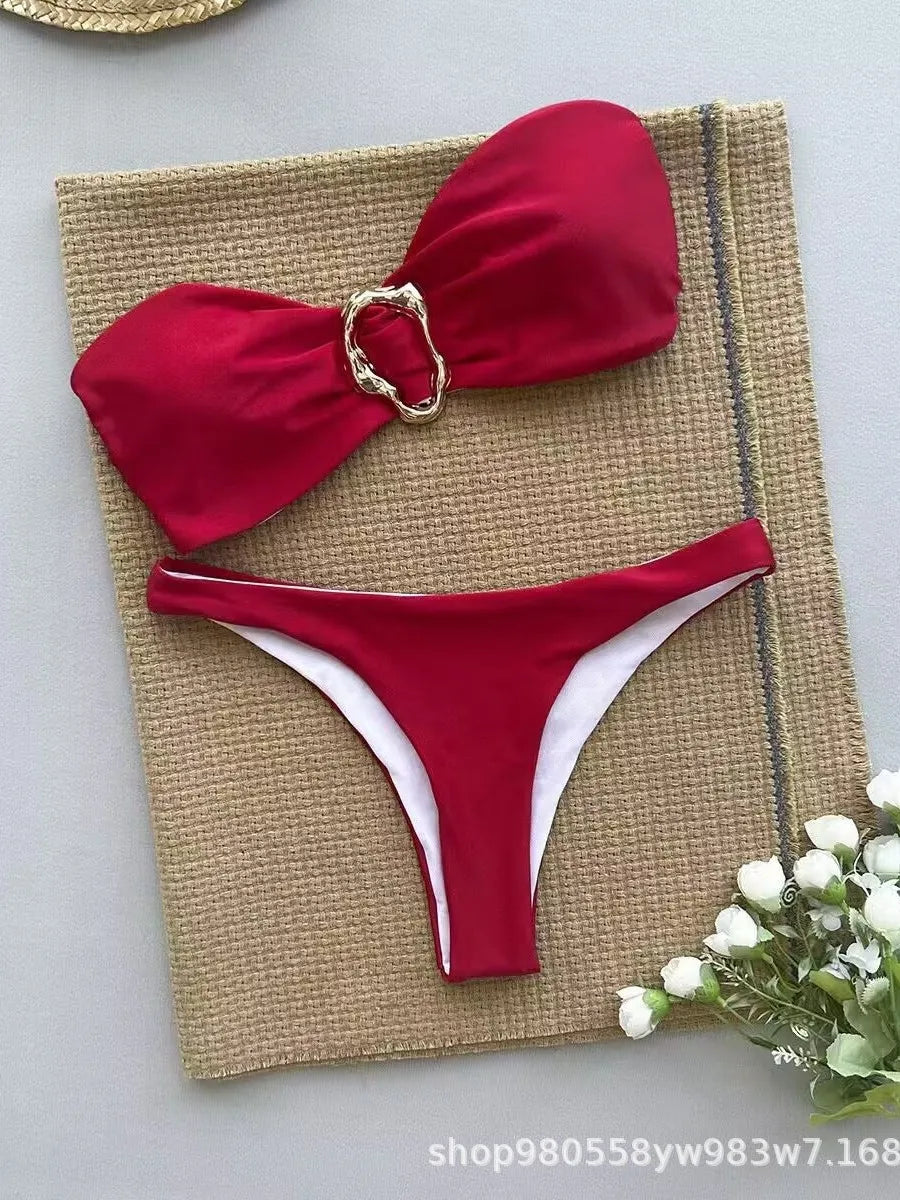 Conjuntos de bikini sin tirantes para mujer, traje de baño de dos piezas con efecto push up, bañadores sexys de color liso, ropa de playa sin espalda para mujer