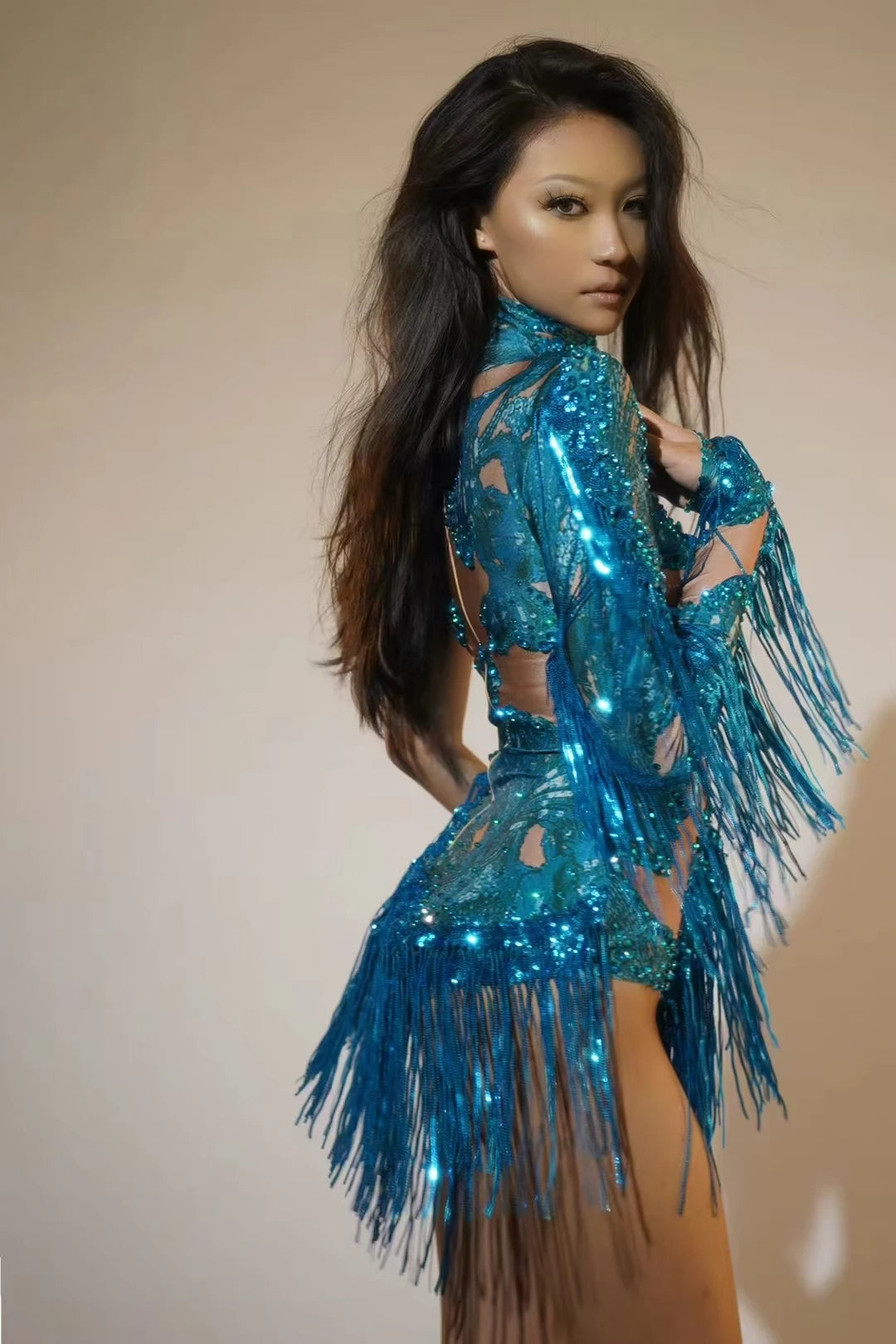 Sexy Skinny Leotard Singer Dancer Show StageWear Sparkly Blue Rhinestones Women DanceCostume Fringes One Shoulder Bodysuit 7G