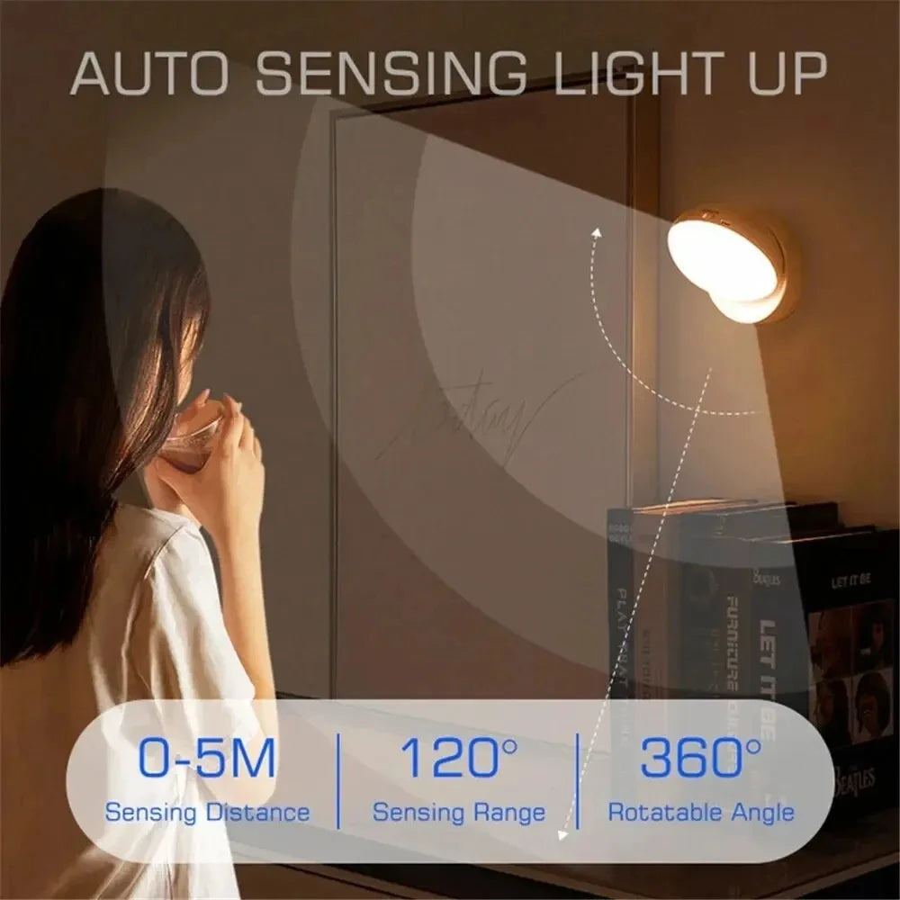 Luz nocturna LED con carga USB, sensor de movimiento inteligente para mesita de noche, armario, iluminación del hogar, lámpara LED