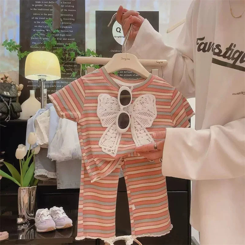 Conjuntos de ropa para niñas, traje con lazo, camiseta de manga corta y vaqueros, 2 piezas, atuendo de verano de 3 a 10 años