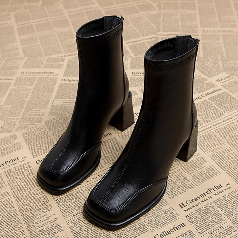 British Vintage Square Toe Ankle Boots Women 2025 Autumn Winter Thick High Heel Black Pu Boots Woman Cowboy Short Booties Shoes