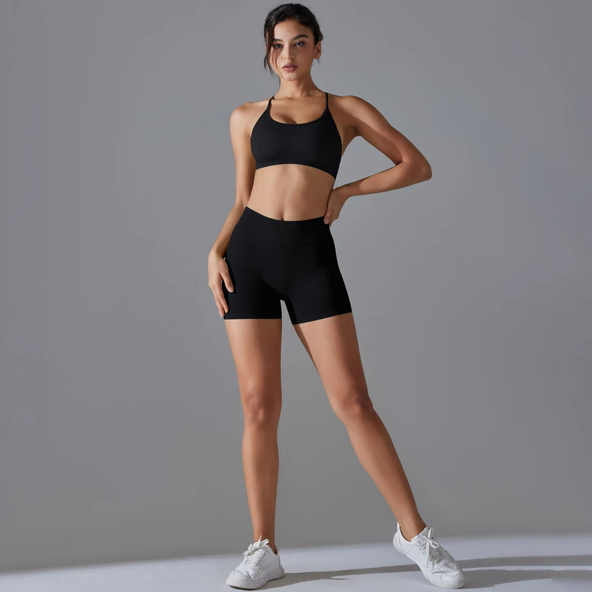 Conjunto deportivo de yoga, mallas de gimnasio de secado rápido, tirantes cruzados con absorción de impactos, pantalones cortos de ciclismo para mujer, entrenamiento de yoga.