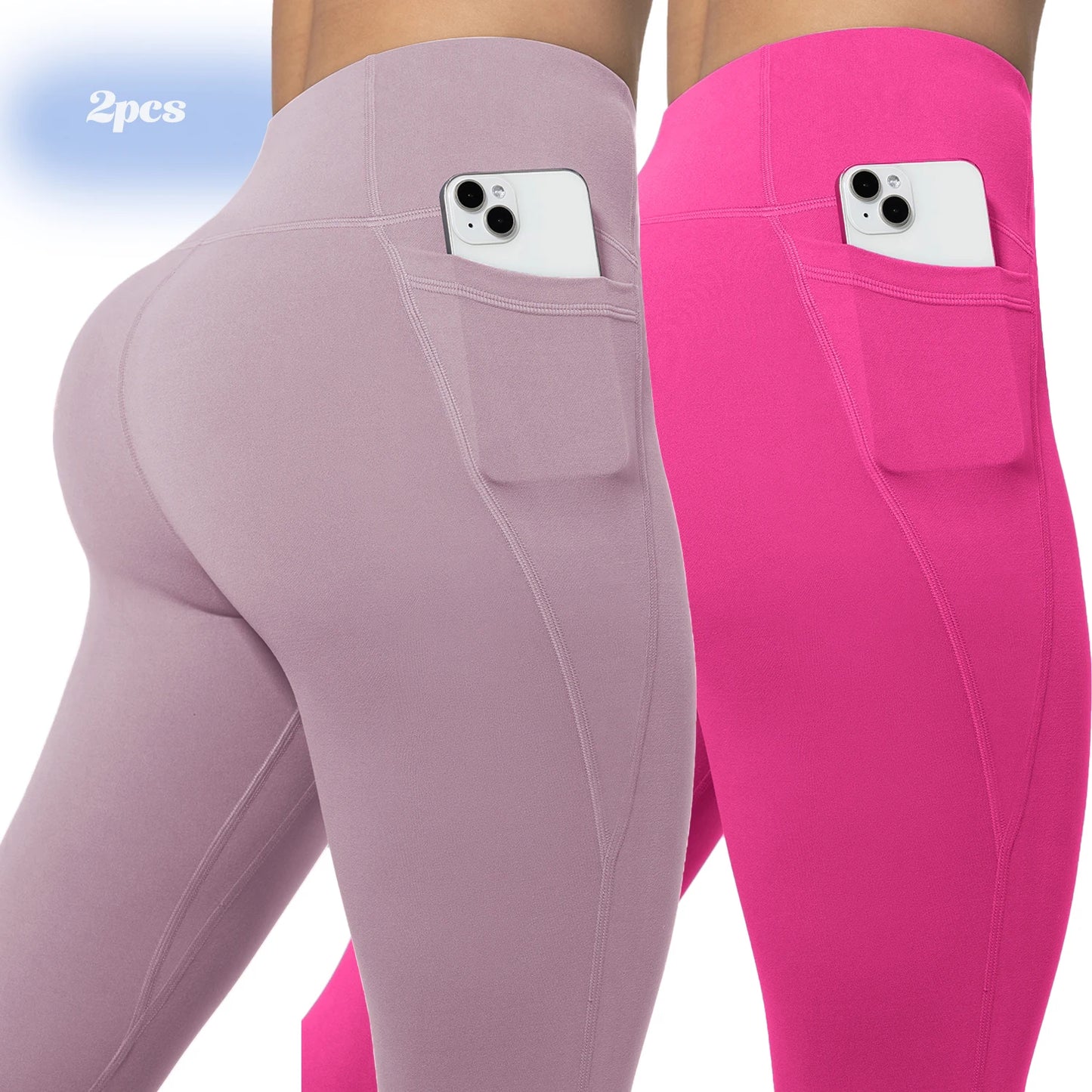 Leggings de yoga para mujer, 2 unidades, con bolsillos, color liso, para gimnasio, actividades al aire libre, cintura alta, ajustados, pantalones deportivos para correr.